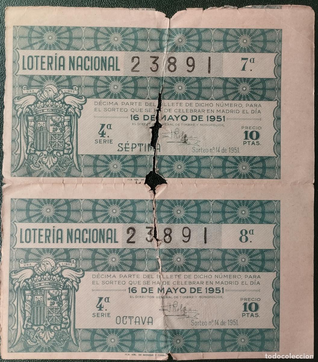 National Spanish Lottery: Loter&iacute;a Nacional. D&eacute;cimos del sorteo 14 de 1951 en pareja vertical.