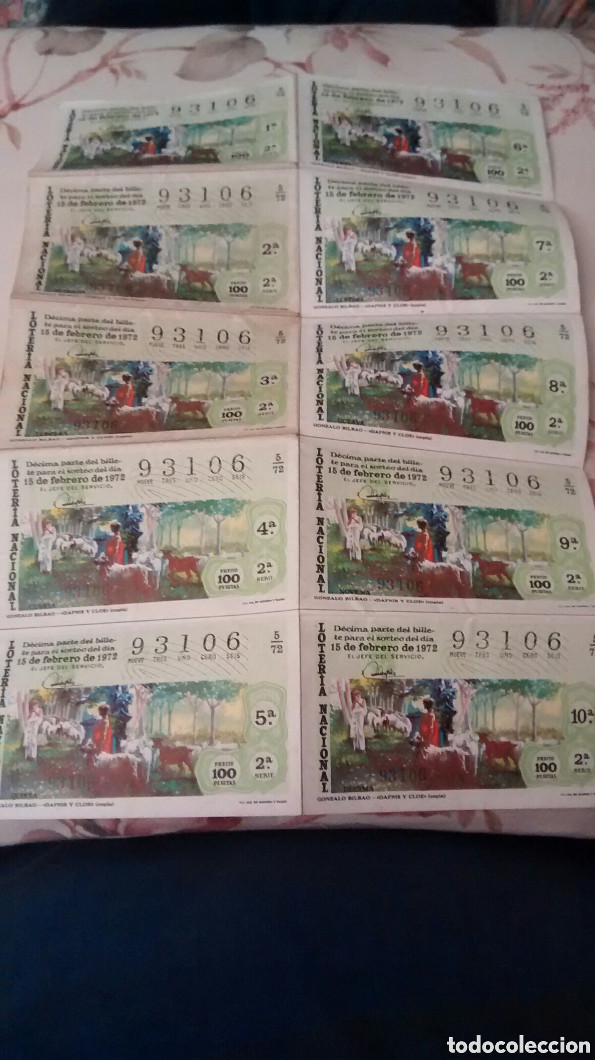 National Spanish Lottery: BILLETE DE LA LOTERIA NACIONAL. SORTEO 15 FEBRERO 1972. 5/72 GONZALO BILBAO. DAFNIS Y CLOE
