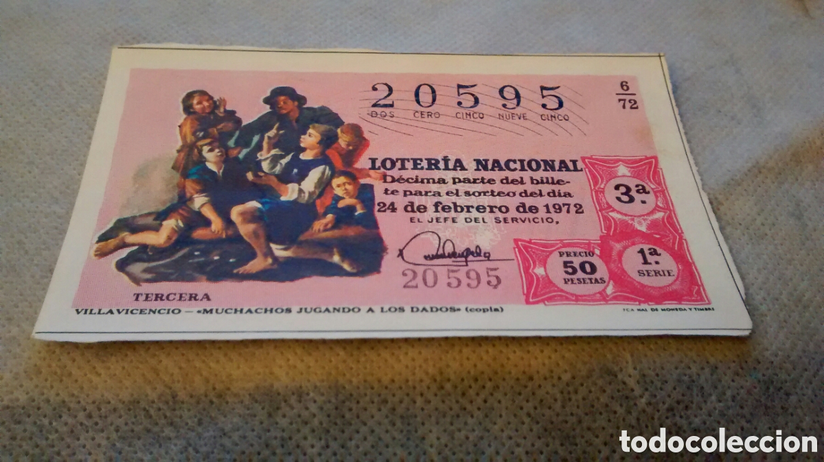 National Spanish Lottery: DECIMO DE LA LOTERIA NACIONAL. SORTEO 24 FEBRERO 1972 6/72 VILLAVICENCIO. MUCHACHOS JUGANDO