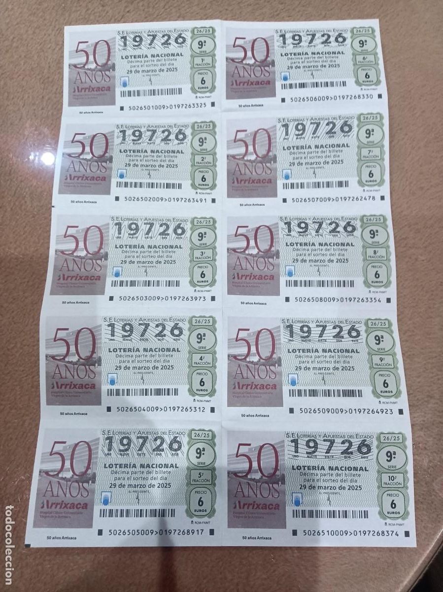 National Spanish Lottery: 1 BILLETE LOTER&Iacute;A SABADO 29 MARZO 2025 26/25 - MURCIA ( HOSPITAL ARRIXACA 50 A&Ntilde;OS- BARRIO EL PALMAR