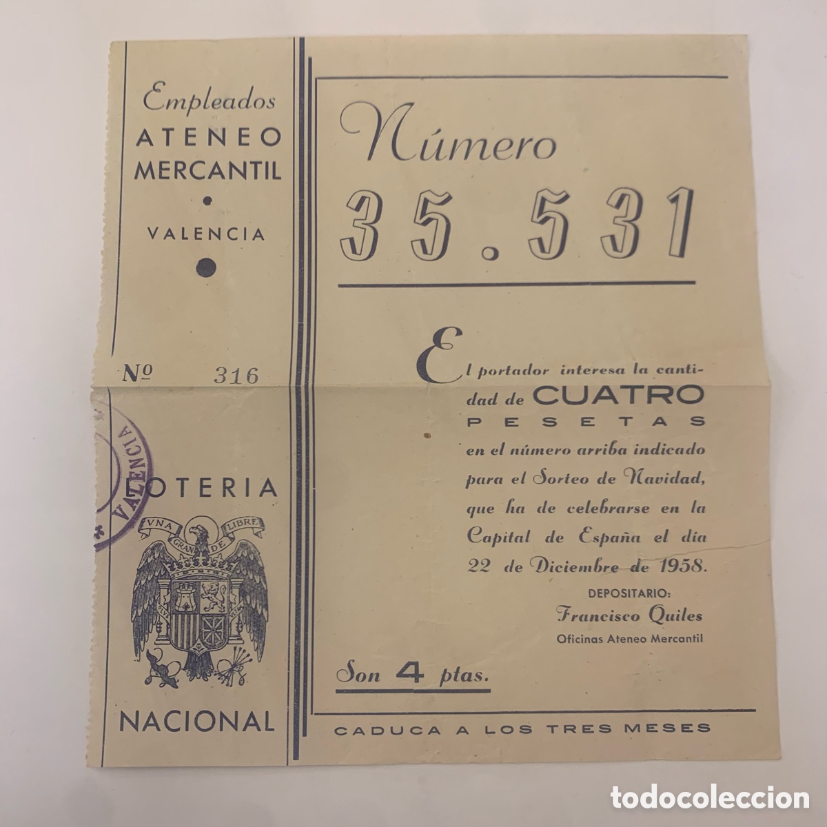National Spanish Lottery: Loteria nacional sorteo navidad ateneo mercantil valencia 1958