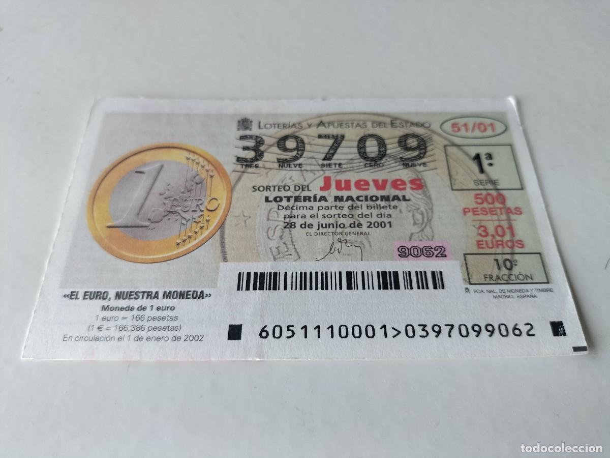 National Spanish Lottery: 1 DECIMO LOTERIA DEL JUEVES - 28 JUNIO 2001 - 51/01 - EL EURO NUESTRA MONEDA - MONEDA 1 EURO