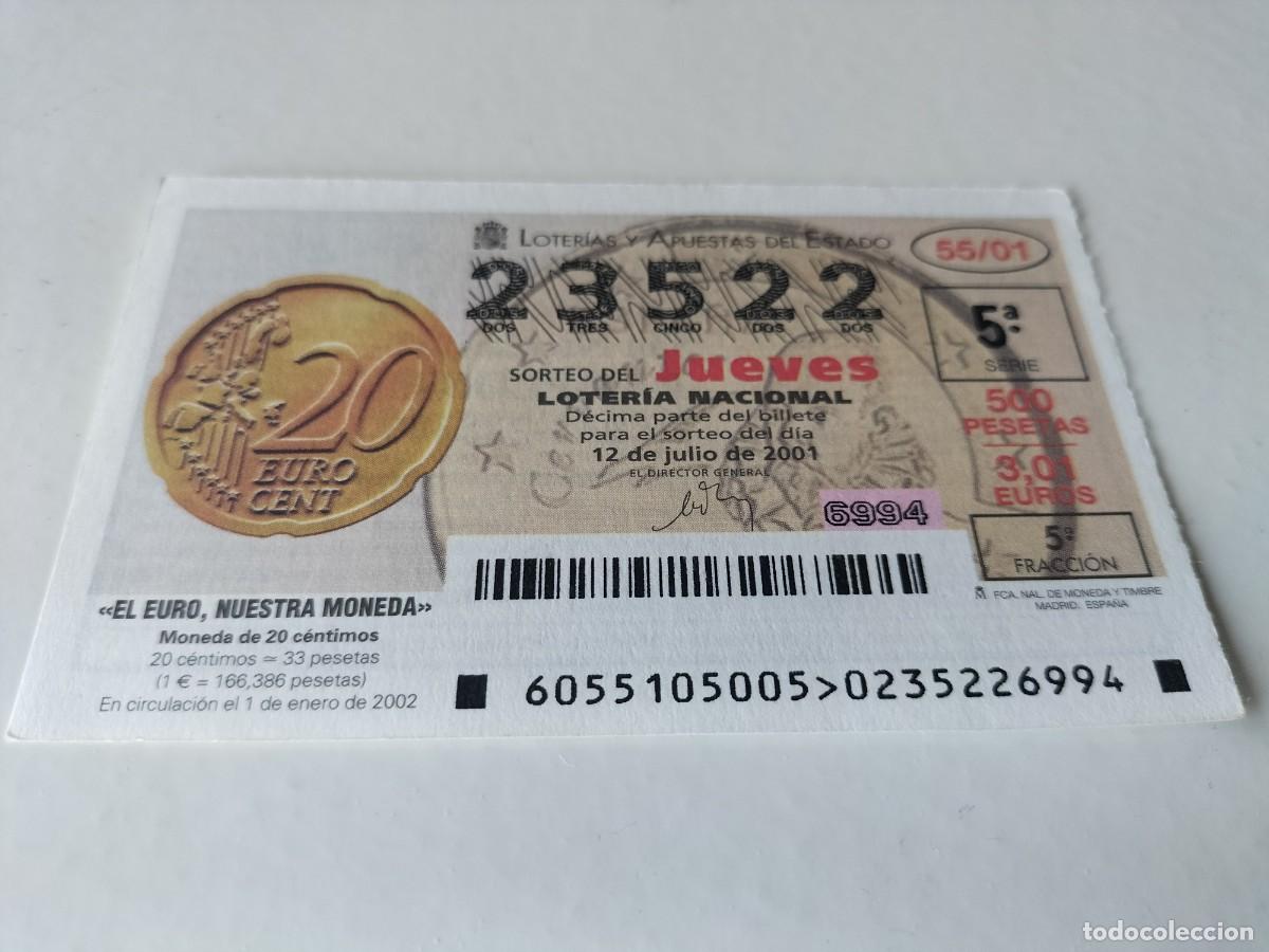 National Spanish Lottery: 1 DECIMO LOTERIA DEL JUEVES - 12 JULIO 2001 - 55/01 - EL EURO NUESTRA MONEDA - 0,20 CENTIMOS