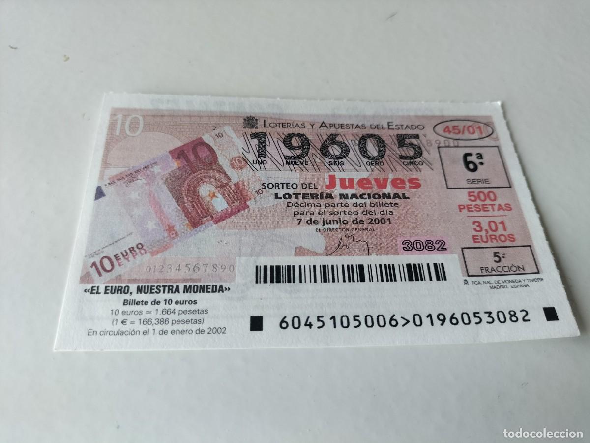 National Spanish Lottery: 1 DECIMO LOTERIA DEL JUEVES - 7 JUNIO 2001 - 45/01 - EL EURO NUESTRA MONEDA - BILLETE 10 EUROS