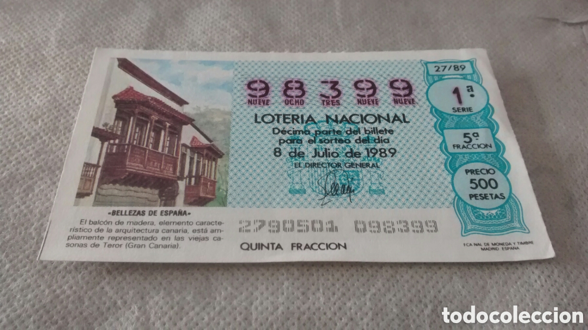 National Spanish Lottery: DECIMO DE LA LOTERIA NACIONAL. SORTEO 8 DE JULIO 1989 27/89 BELLEZAS DE ESPA&Ntilde;A, BALCON DE TEROR