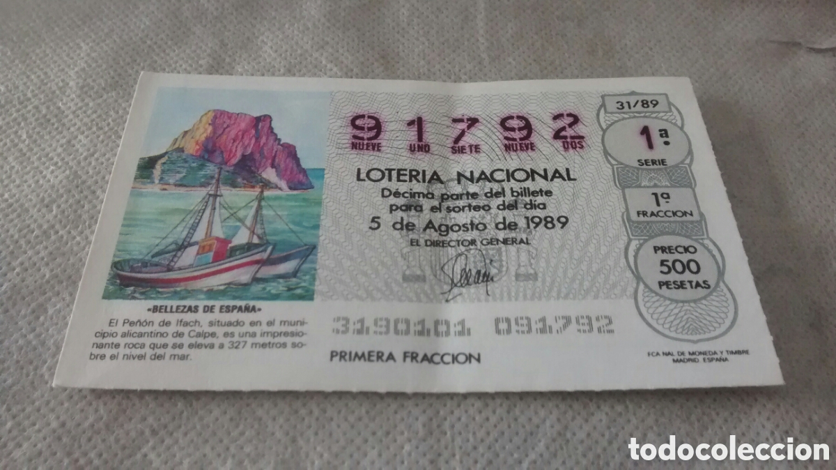National Spanish Lottery: DECIMO DE LA LOTERIA NACIONAL. SORTEO 5 DE AGOSTO 1989 31/89 BELLEZAS DE ESPA&Ntilde;A, PE&Ntilde;ON DE IFACH
