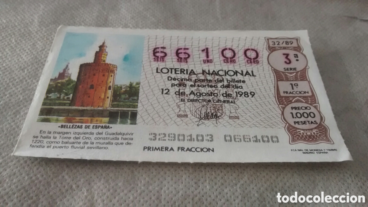 National Spanish Lottery: DECIMO DE LA LOTERIA NACIONAL. SORTEO 12 DE AGOSTO 1989 32/89 BELLEZAS DE ESPA&Ntilde;A, LA TORRE DEL ORO,