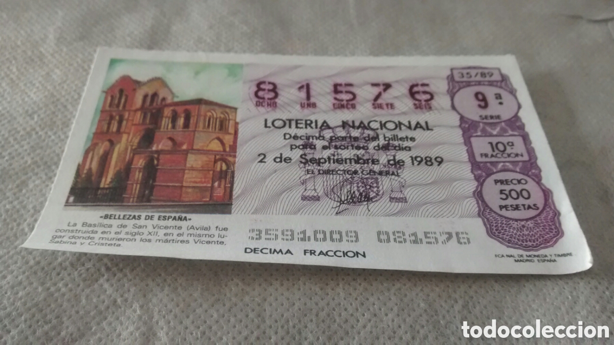 National Spanish Lottery: DECIMO DE LA LOTERIA NACIONAL. SORTEO 2 DE SEPTIEMBRE 1989 35/89 BELLEZAS DE ESPA&Ntilde;A, SAN VICENTE