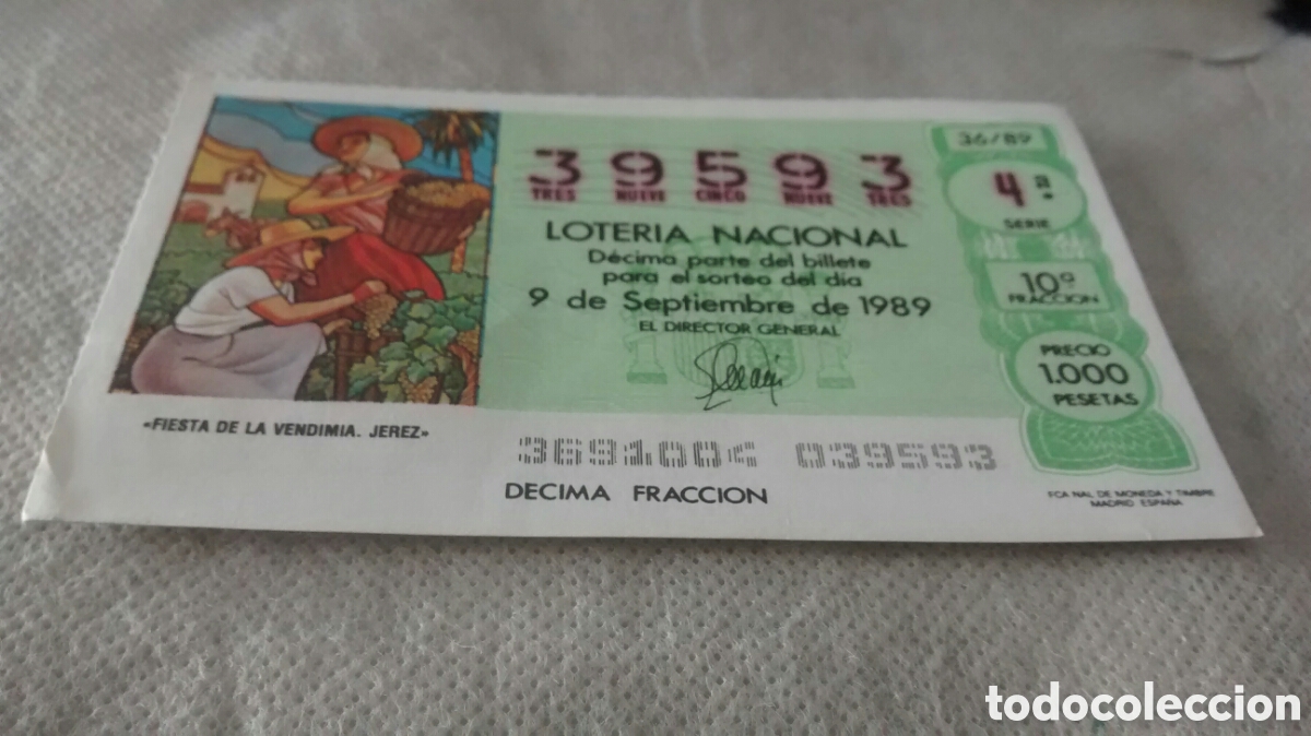 National Spanish Lottery: DECIMO DE LA LOTERIA NACIONAL. SORTEO 9 DE SEPTIEMBRE 1989 36/89 FIESTA DE LA VENDIMIA, JEREZ