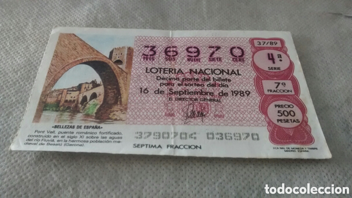 National Spanish Lottery: DECIMO DE LA LOTERIA NACIONAL. SORTEO 16 DE SEPTIEMBRE 1989 37/89 BELLEZAS DE ESPA&Ntilde;A, BESALU