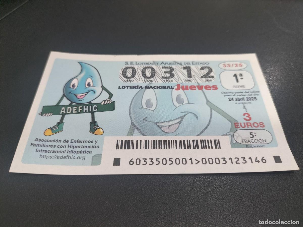 National Spanish Lottery: 1 DECIMO LOTERIA NACIONAL JUEVES 24 ABRIL 2025 33/25 - ASOCIACION ENFERMOS HIPERTENSION INTERCRANEAL