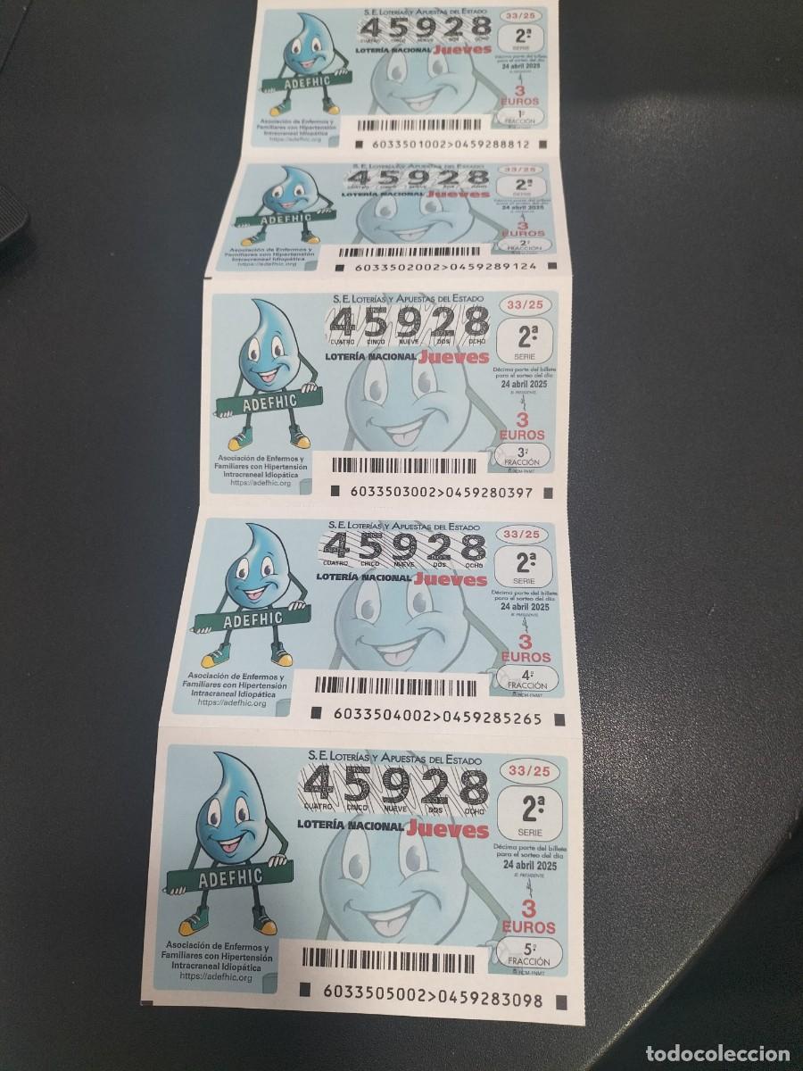 National Spanish Lottery: 5 DECIMOS LOTERIA NACIONAL JUEVES 24 ABRIL 2025 33/25 -ASOCIACION ENFERMOS HIPERTENSION INTERCRANEAL