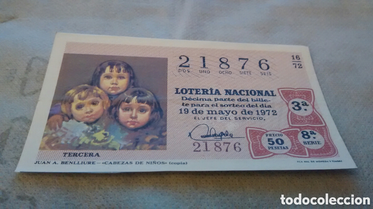 National Spanish Lottery: DECIMO DE LA LOTERIA NACIONAL. SORTEO 19 DE MAYO 1972. 16/72 JUAN A. BENLLIURE: CABEZAS DE NI&Ntilde;OS