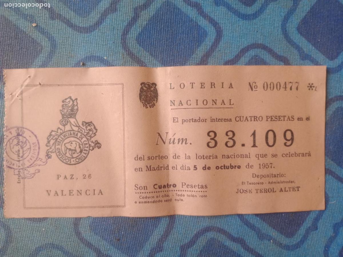 Lotaria Nacional: Sociedad valenciana de caza y tiro 1957, Valencia. Participaci&oacute;n de loter&iacute;a