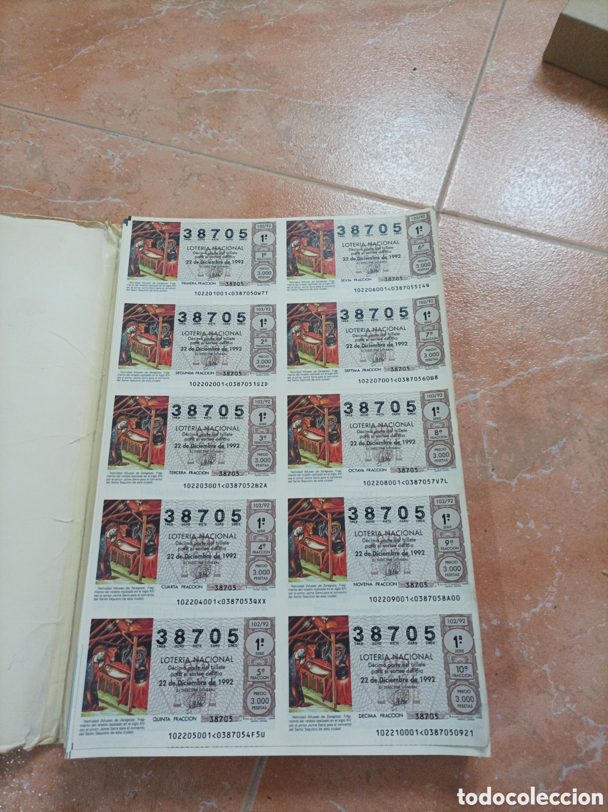 National Spanish Lottery: 105 billetes del 1 al 105. 38705 a&ntilde;o 92