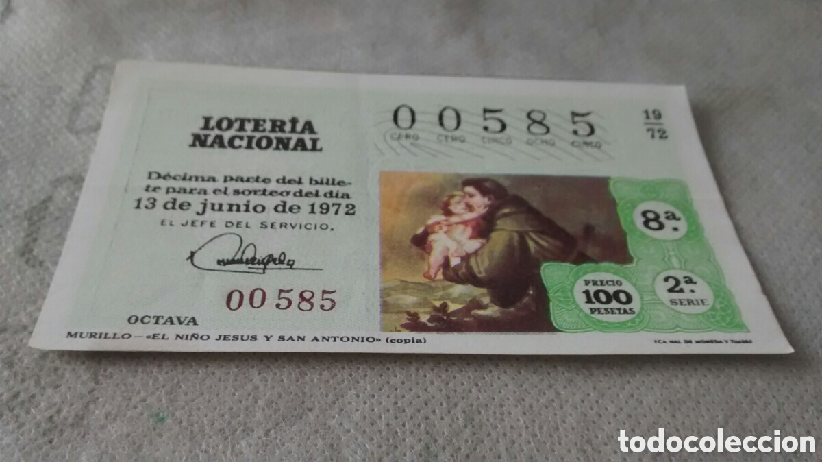 Nationale spanische Lotterie: DECIMO DE LA LOTERIA NACIONAL. SORTEO 13 JUNIO 1972 19/72 EL NI&Ntilde;O JESUS Y SAN ANTONIO