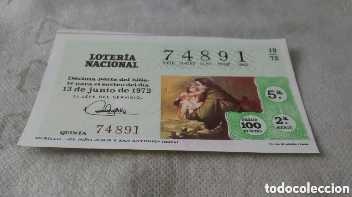 Nationale spanische Lotterie: DECIMO DE LA LOTERIA NACIONAL. SORTEO 13 JUNIO 1972 19/72 EL NI&Ntilde;O JESUS Y SAN ANTONIO