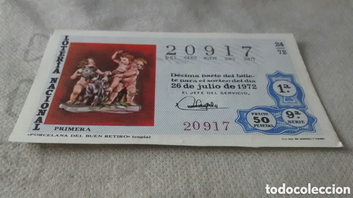 Nationale spanische Lotterie: DECIMO DE LA LOTERIA NACIONAL. SORTEO 26 JULIO 1972 24/72 PORCELANA DEL BUEN RETIRO