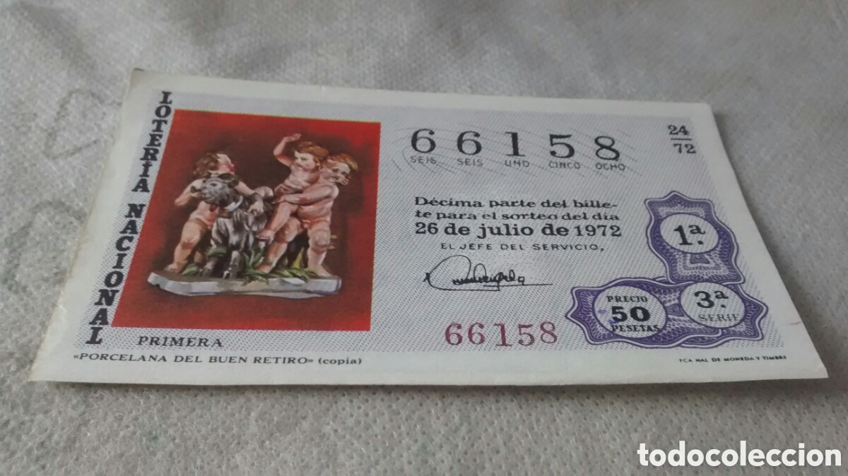 Nationale spanische Lotterie: DECIMO DE LA LOTERIA NACIONAL. SORTEO 26 JULIO 1972 24/72 PORCELANA DEL BUEN RETIRO