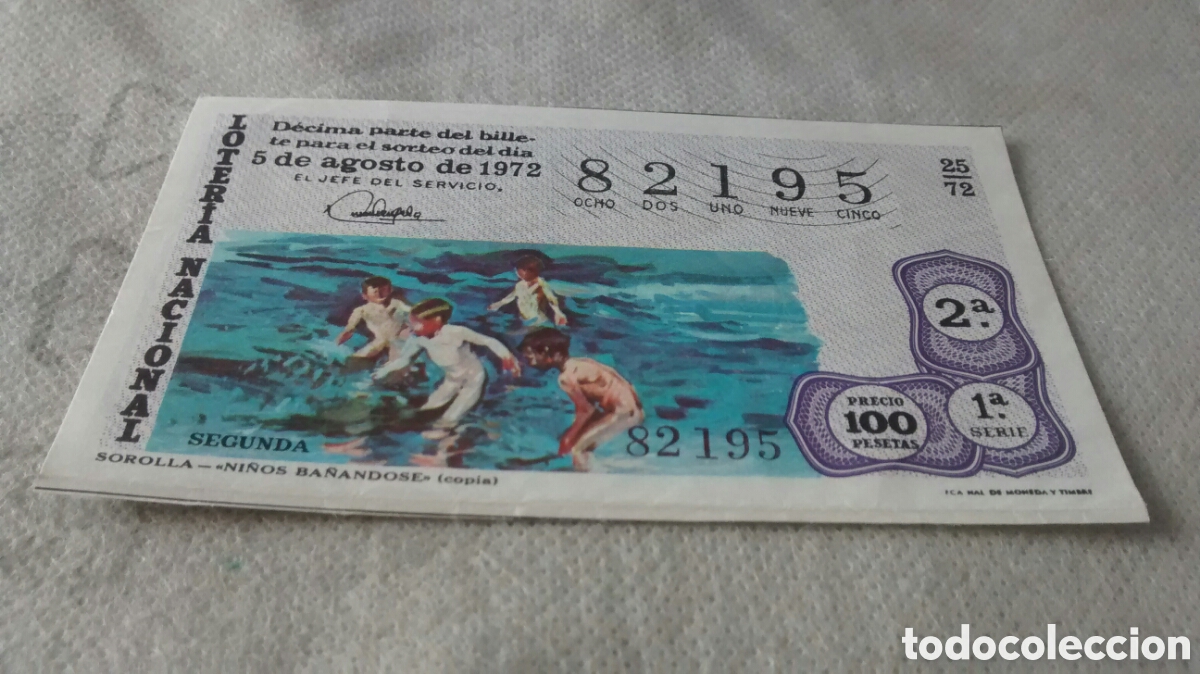Nationale spanische Lotterie: DECIMO DE LA LOTERIA NACIONAL. SORTEO 5 AGOSTO 1972 25/72 SOROLLA. NI&Ntilde;OS BA&Ntilde;ANDOSE