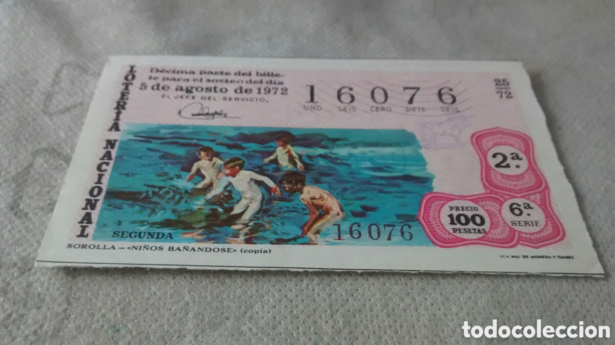 Nationale spanische Lotterie: DECIMO DE LA LOTERIA NACIONAL. SORTEO 5 AGOSTO 1972 25/72 SOROLLA. NI&Ntilde;OS BA&Ntilde;ANDOSE