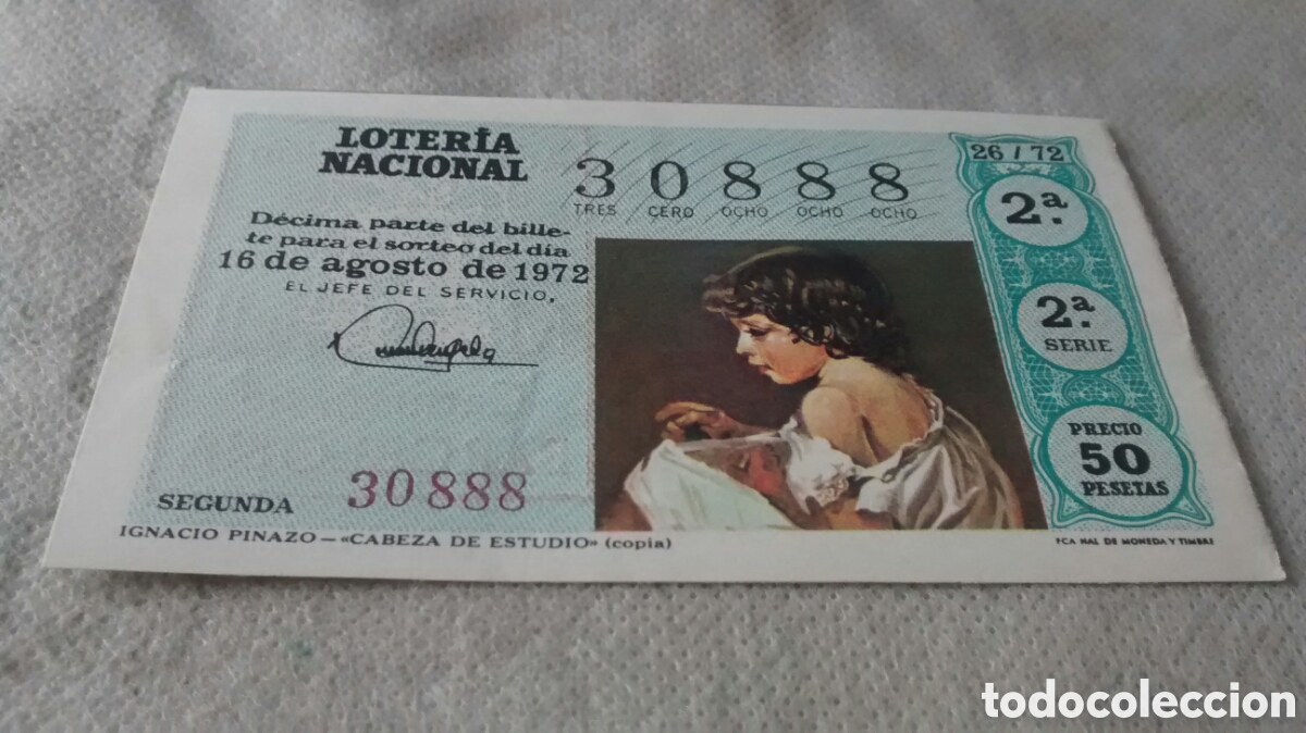 Nationale spanische Lotterie: DECIMO DE LA LOTERIA NACIONAL. SORTEO 16 AGOSTO 1972. 26/72 IGNACIO PINAZO CABEZA DE ESTUDIO