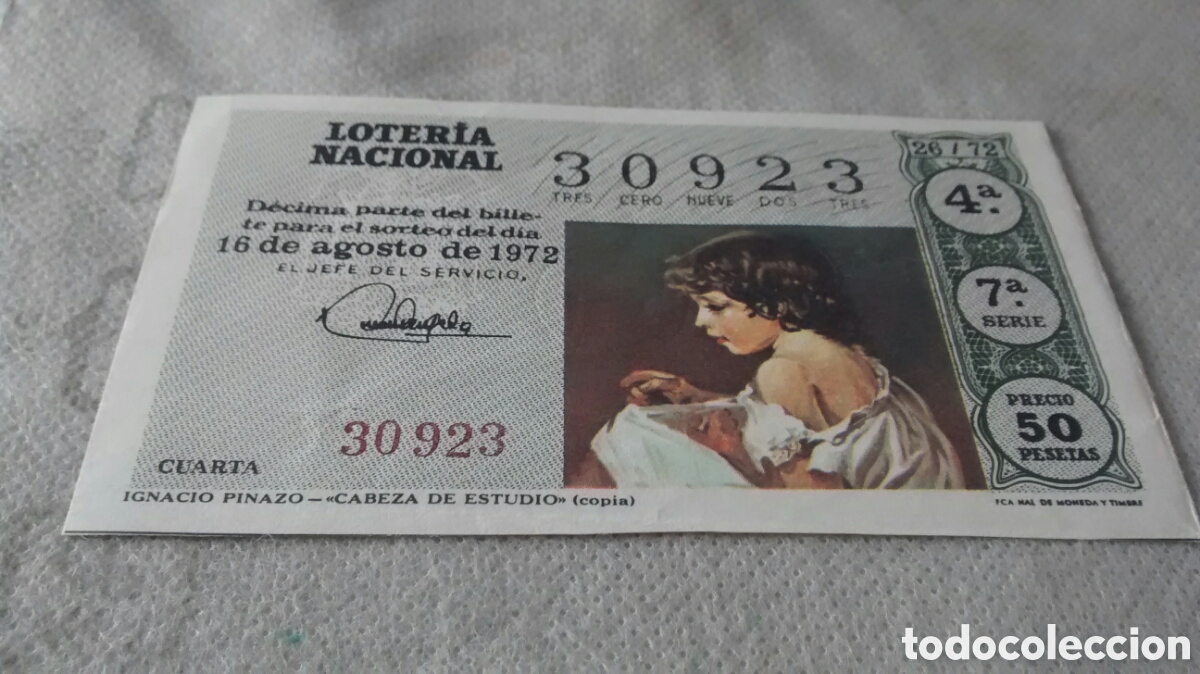 Nationale spanische Lotterie: DECIMO DE LA LOTERIA NACIONAL. SORTEO 16 AGOSTO 1972. 26/72 IGNACIO PINAZO CABEZA DE ESTUDIO