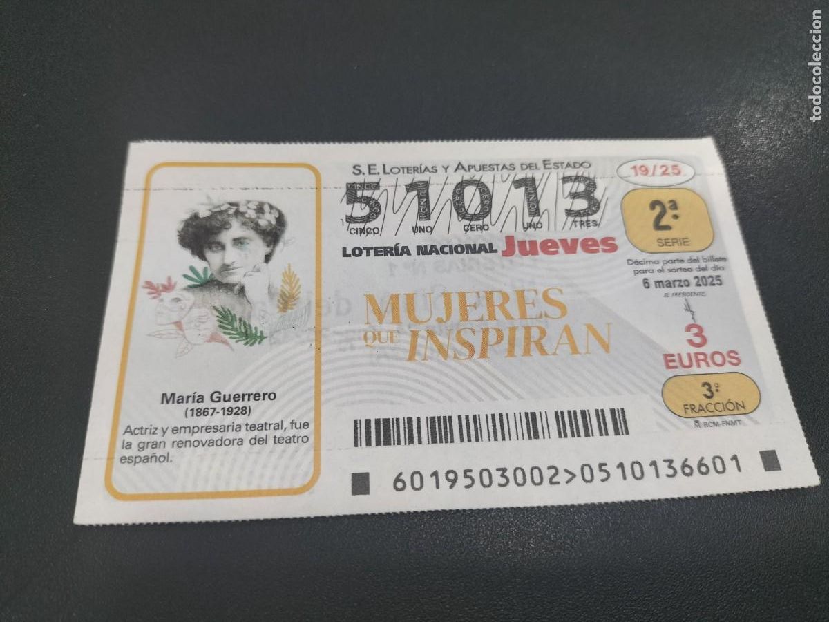 National Spanish Lottery: 1 DECIMO LOTER&Iacute;A JUEVES 6 MARZO 2025 19/25 - MUJERES QUE INSPIRAN - MARIA GUERRERO