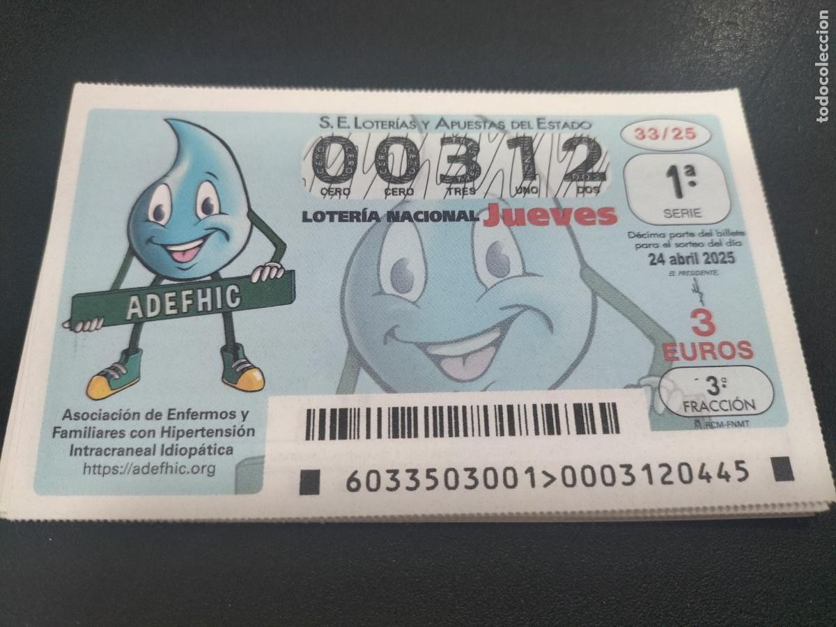 National Spanish Lottery: 1 DECIMO LOTERIA NACIONAL JUEVES 24 ABRIL 2025 33/25 - ASOCIACION ENFERMOS HIPERTENSION INTERCRANEAL