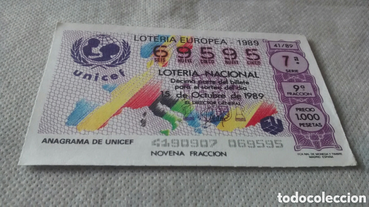 National Spanish Lottery: DECIMO DE LA LOTERIA NACIONAL. SORTEO 15 OCTUBRE 1989 41/89 ANAGRAMA DE UNICEF