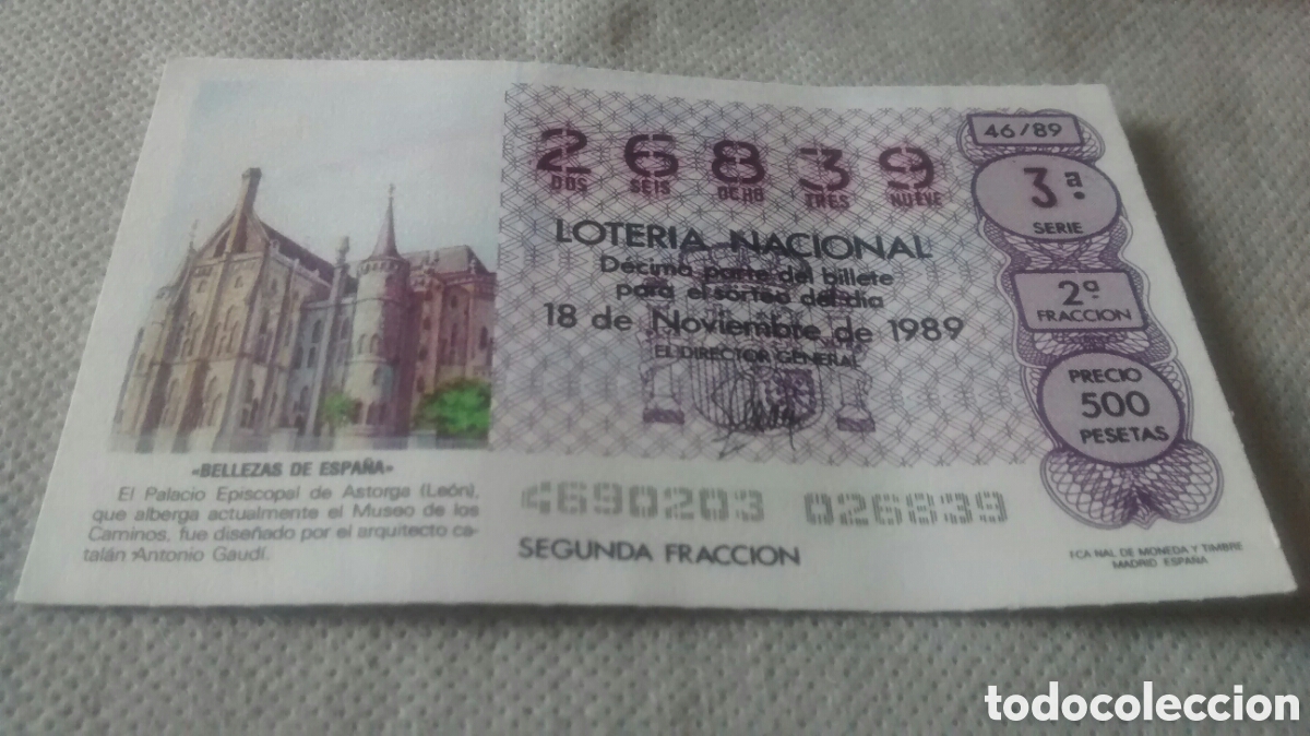 National Spanish Lottery: DECIMO DE LA LOTERIA NACIONAL. SORTEO 18 NOVIEMBRE 1989 46/89 BELLEZAS ESPA&Ntilde;A,PALACIO EPISCOPAL