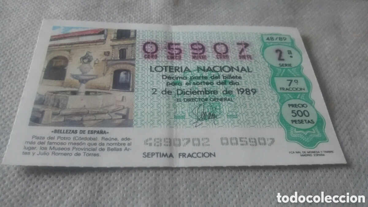 National Spanish Lottery: DECIMO DE LA LOTERIA NACIONAL. SORTEO 2 DICIEMBRE 1989 48/89 BELLEZAS ESPA&Ntilde;A,PLAZA DEL POTRO