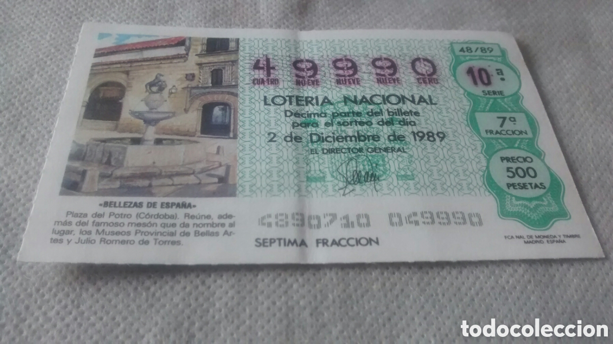 National Spanish Lottery: DECIMO DE LA LOTERIA NACIONAL. SORTEO 2 DICIEMBRE 1989 48/89 BELLEZAS ESPA&Ntilde;A,PLAZA DEL POTRO