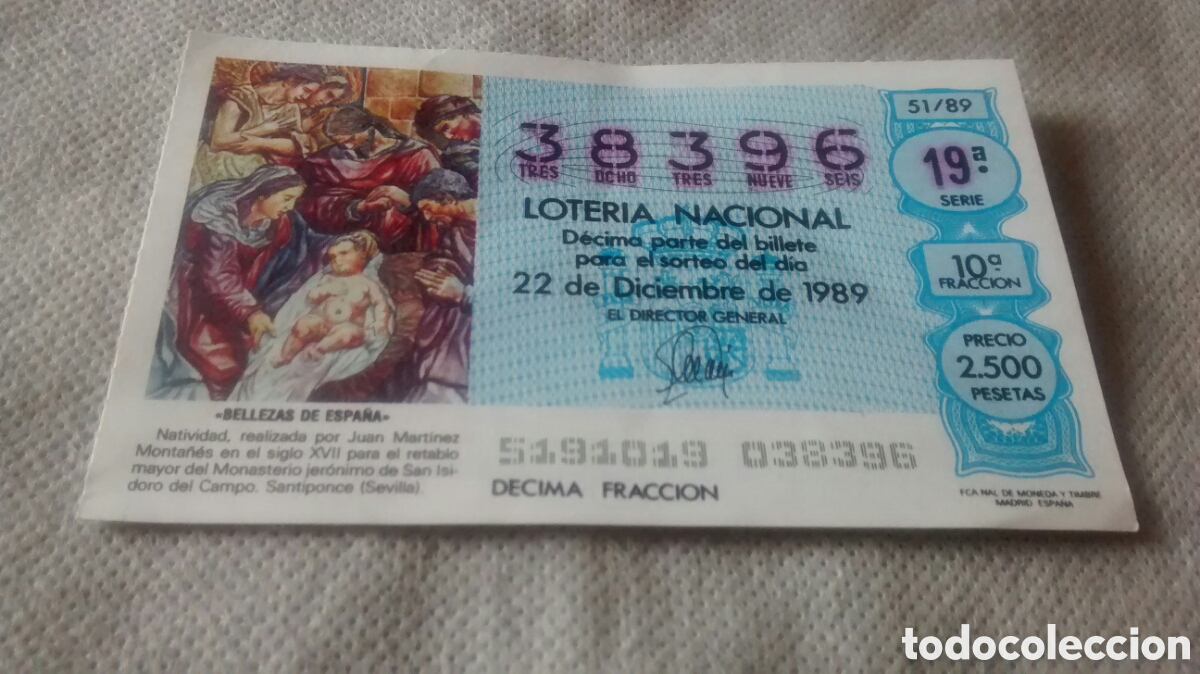 National Spanish Lottery: DECIMO DE LA LOTERIA NACIONAL. SORTEO 22 DICIEMBRE 1989 51/89 BELLEZAS ESPA&Ntilde;A,NATIVIDAD