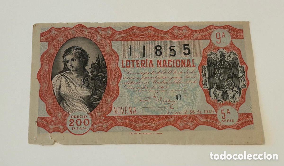 Loter&iacute;a Nacional: LOTER&Iacute;A NACIONAL 1949. SORTEO 36. SERIE 5&ordf;. FRACCI&Oacute;N 9&ordf;. ADM. 15. VALENCIA