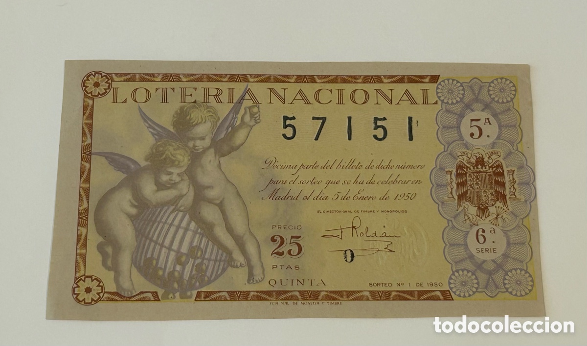 Loter&iacute;a Nacional: LOTER&Iacute;A NACIONAL 1950. SORTEO 1. SERIE 6&ordf;. FRACCI&Oacute;N 5&ordf;. ADM. 25. BARCELONA