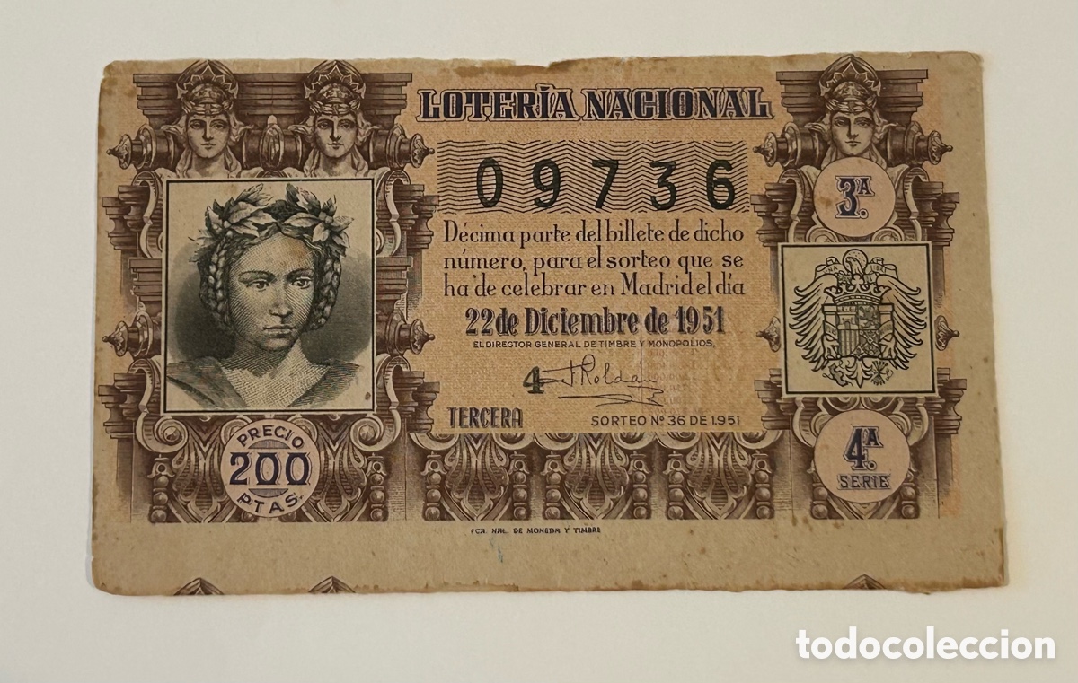 Loter&iacute;a Nacional: LOTER&Iacute;A NACIONAL 1951. SORTEO 36. SERIE 4&ordf;. FRACCI&Oacute;N 3&ordf;. ADM. 11. VALENCIA