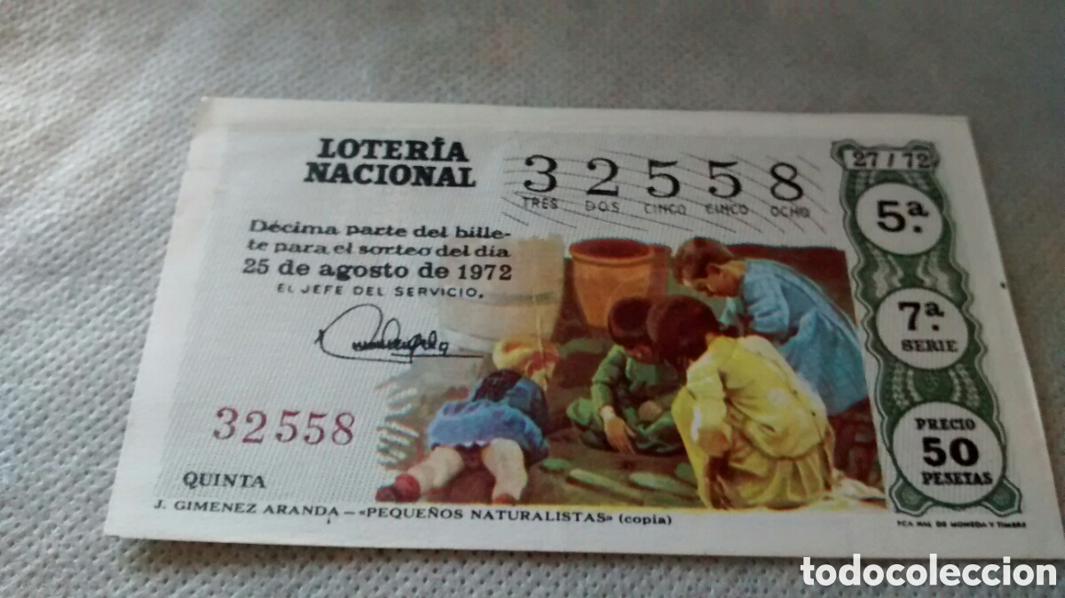 National Spanish Lottery: DECIMO DE LA LOTERIA NACIONAL. SORTEO 25 AGOSTO 1972 27/72 J. GIMENEZ ARANDA. PEQUE&Ntilde;OS NATURALISTAS