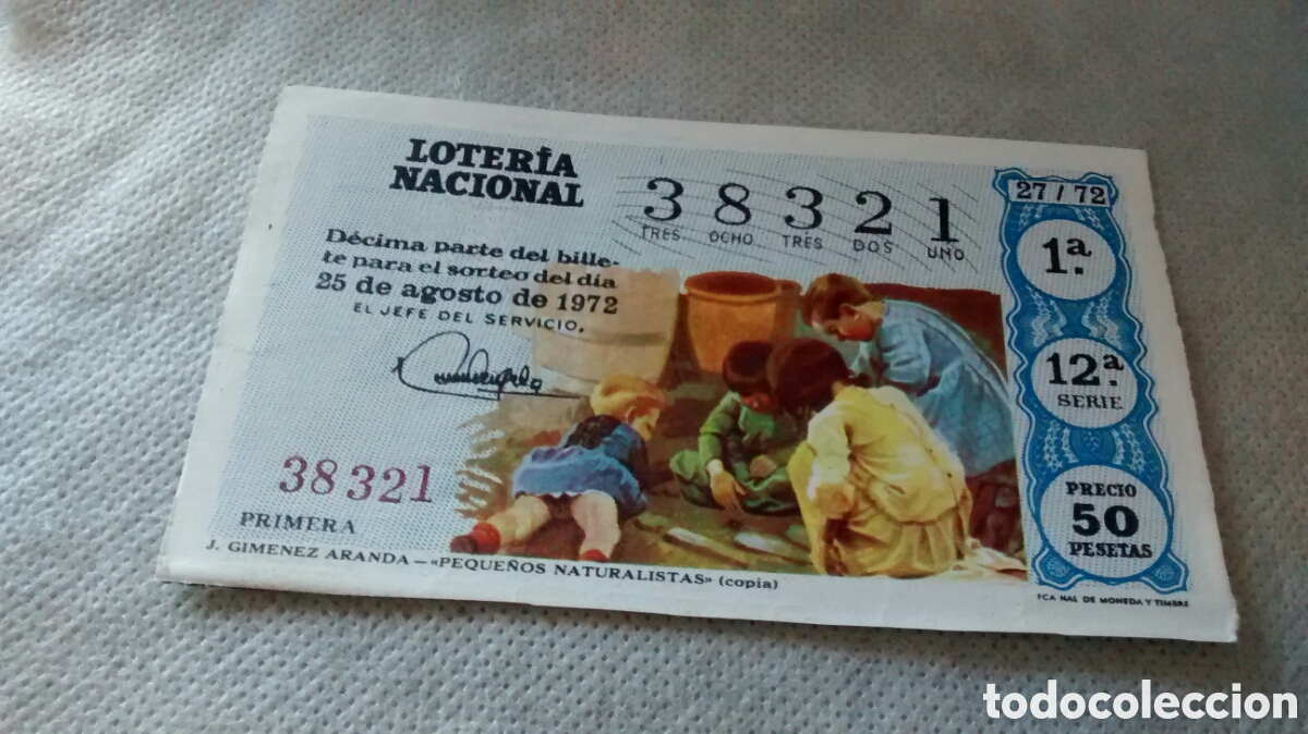 National Spanish Lottery: DECIMO DE LA LOTERIA NACIONAL. SORTEO 25 AGOSTO 1972 27/72 J. GIMENEZ ARANDA. PEQUE&Ntilde;OS NATURALISTAS