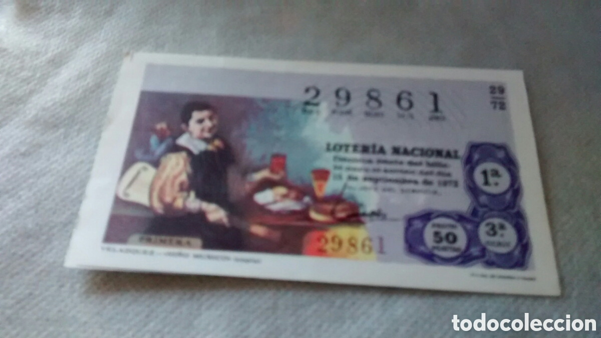 National Spanish Lottery: DECIMO DE LA LOTERIA NACIONAL. SORTEO 15 DE SEPTIEMBRE 1972. 29/72 VELAZQUEZ. EL NI&Ntilde;O MUSICO