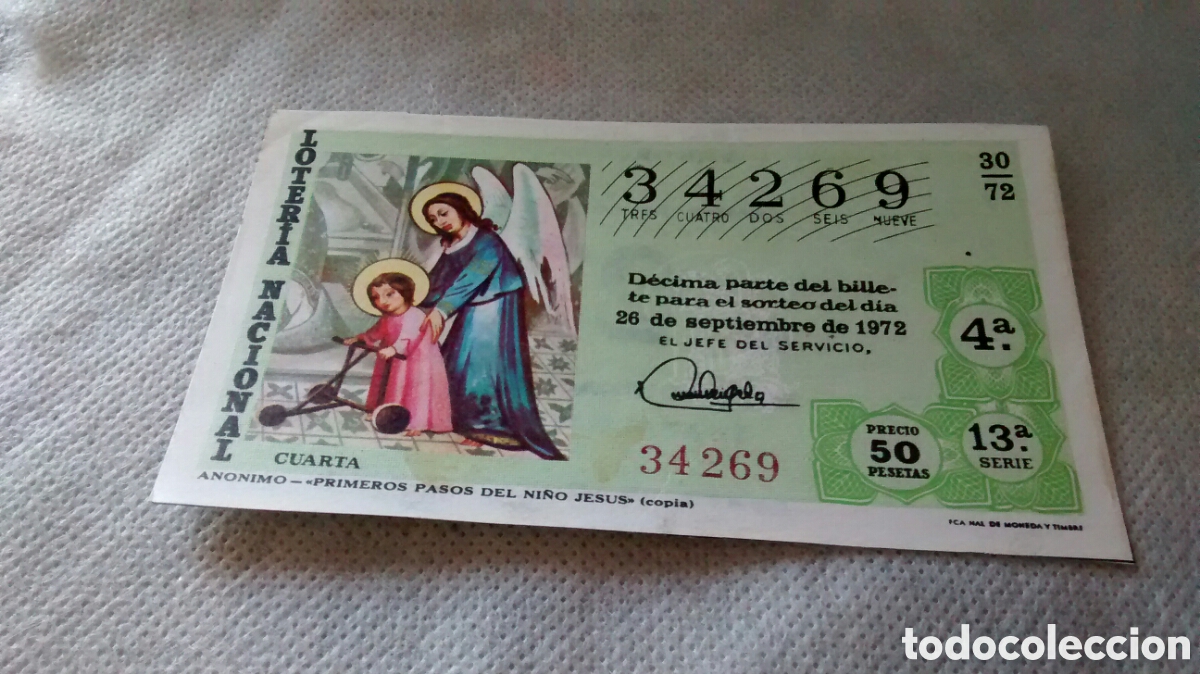 Nationale spanische Lotterie: DECIMO DE LA LOTERIA NACIONAL. SORTEO 26 DE SEPTIEMBRE 1972. 30/72 PRIMEROS PASOS DEL NI&Ntilde;O JESUS