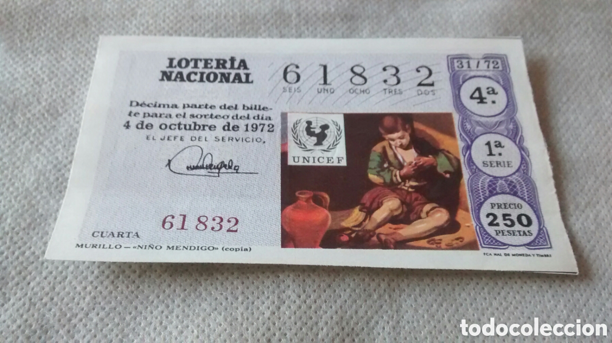 Nationale spanische Lotterie: DECIMO DE LA LOTERIA NACIONAL. SORTEO 4 OCTUBRE 1972. 31/72 MURILLO, NI&Ntilde;O MENDIGO