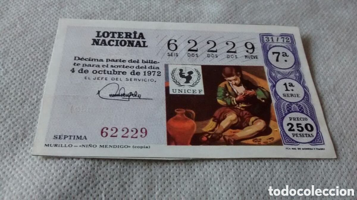 Nationale spanische Lotterie: DECIMO DE LA LOTERIA NACIONAL. SORTEO 4 OCTUBRE 1972. 31/72 MURILLO, NI&Ntilde;O MENDIGO