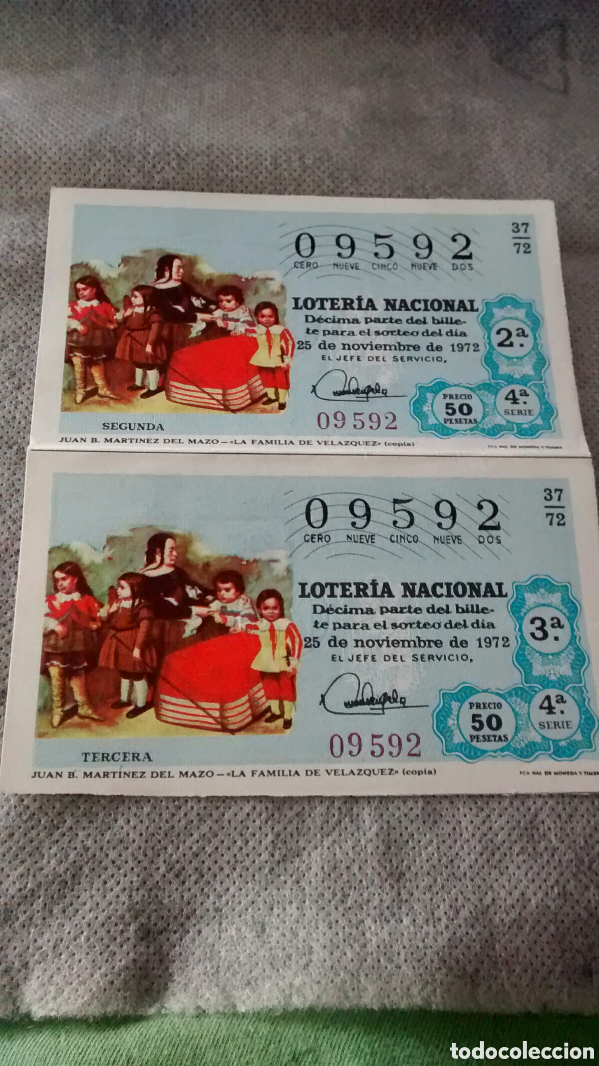 Nationale spanische Lotterie: 2 DECIMOS DE LA LOTERIA NACIONAL. SORTEO 25 DE NOVIEMBRE 1972 37/72 JUAN B. MARTINEZ DEL MAZO