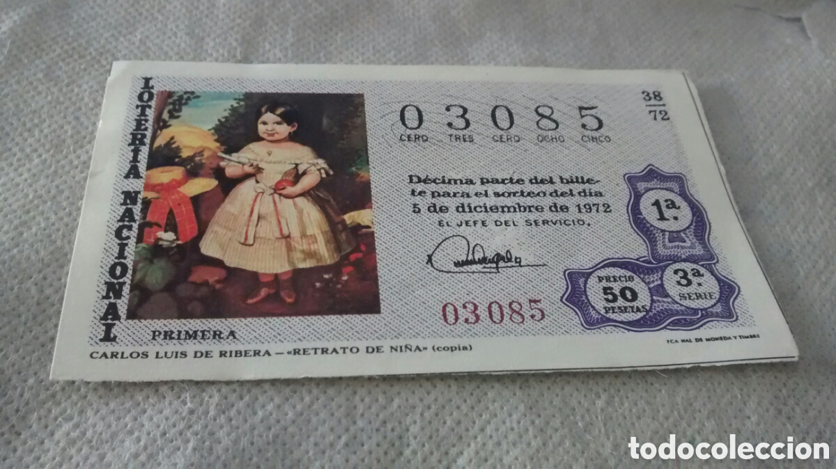 Loterie Nationale: DECIMO DE LA LOTERIA NACIONAL. SORTEO 5 DICIEMBRE 1972. 38/72 CARLOS LUIS DE RIBERA, RETRATO DE NI&Ntilde;A