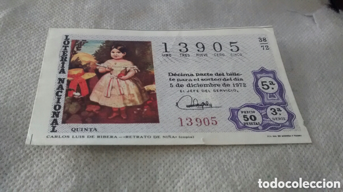 Loterie Nationale: DECIMO DE LA LOTERIA NACIONAL. SORTEO 5 DICIEMBRE 1972. 38/72 CARLOS LUIS DE RIBERA, RETRATO DE NI&Ntilde;A