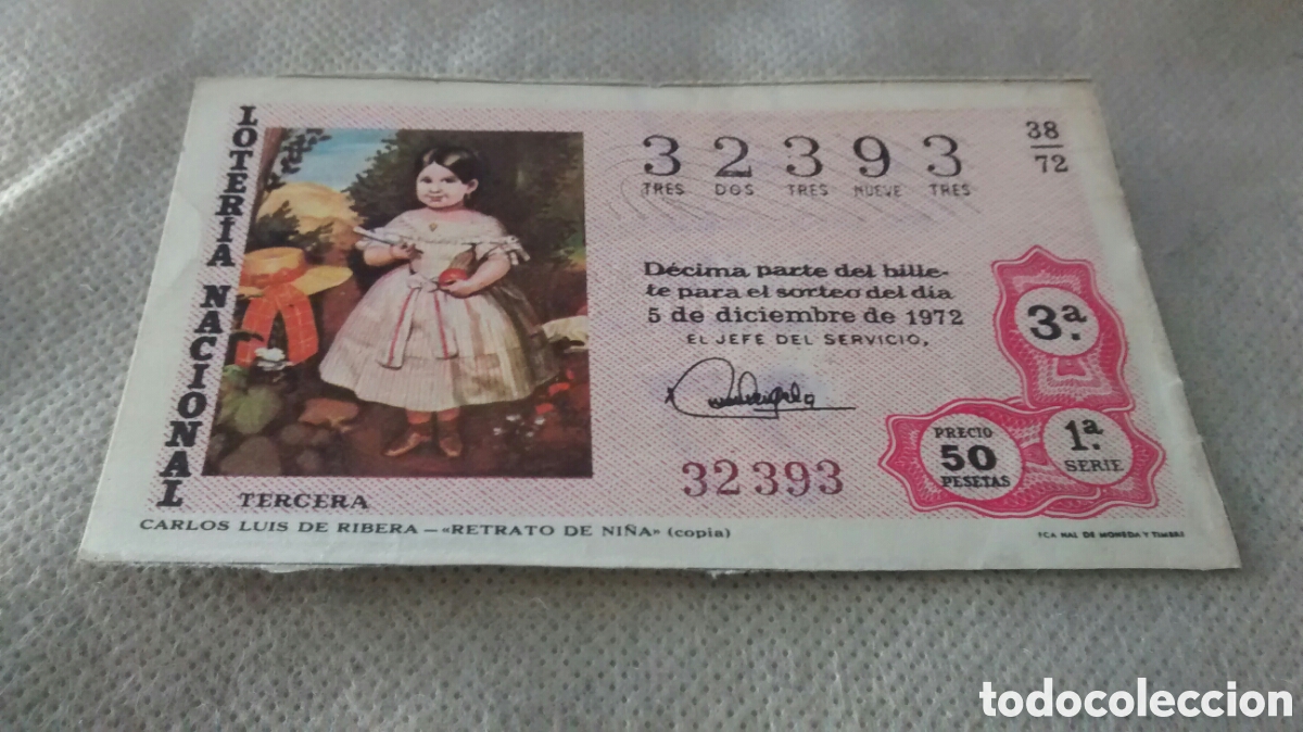 Nationale spanische Lotterie: DECIMO DE LA LOTERIA NACIONAL. SORTEO 5 DICIEMBRE 1972. 38/72 CARLOS LUIS DE RIBERA, RETRATO DE NI&Ntilde;A