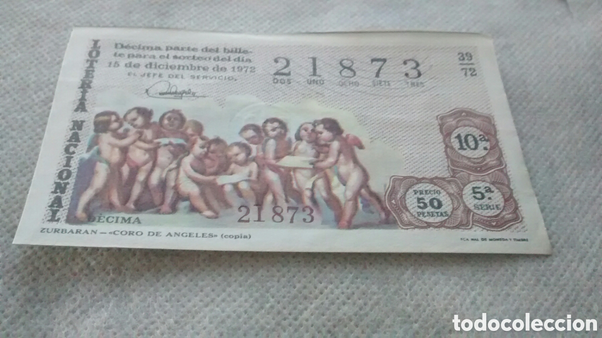 Nationale spanische Lotterie: DECIMO DE LA LOTERIA NACIONAL. SORTEO 15 DICIEMBRE 1972. 39/72 ZURBARAN, CORO DE ANGELES