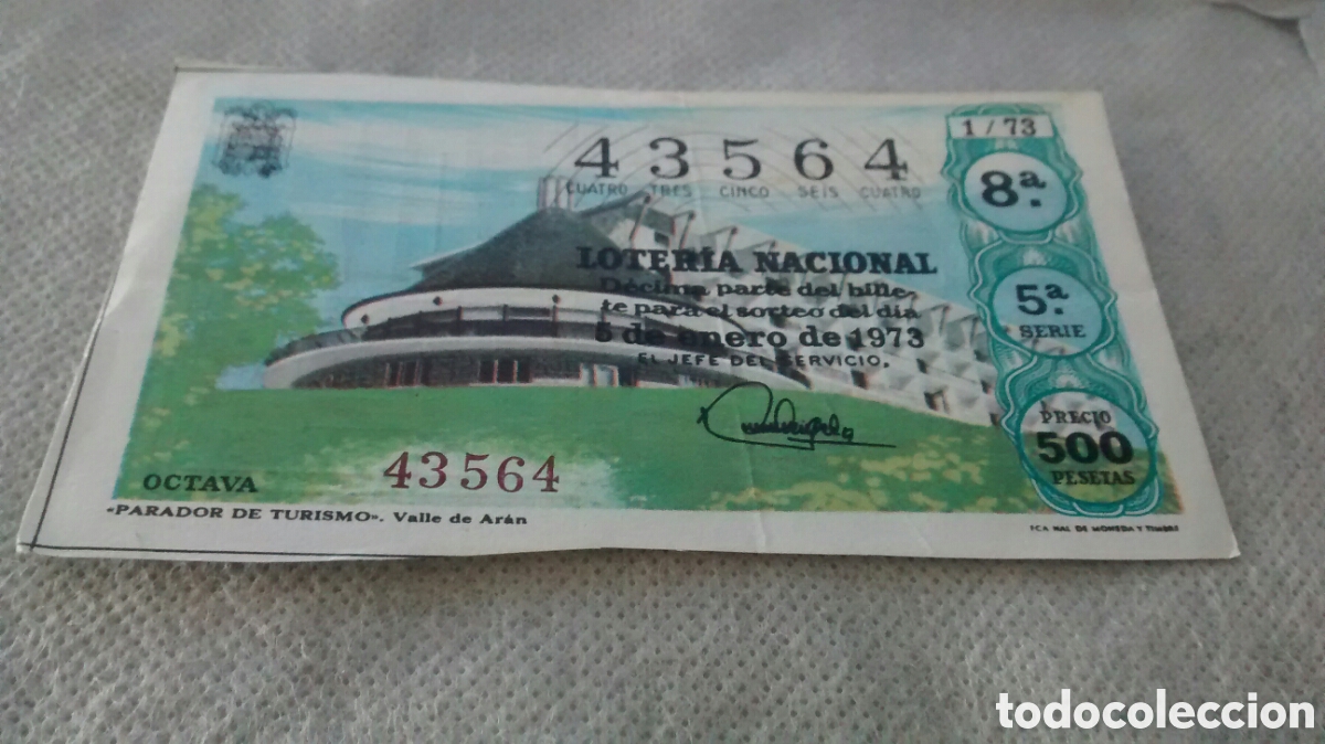 Nationale spanische Lotterie: DECIMO DE LA LOTERIA NACIONAL. SORTEO 5 DE ENERO 1973 PARADOR DE TURISMO VALLE DE ARAN