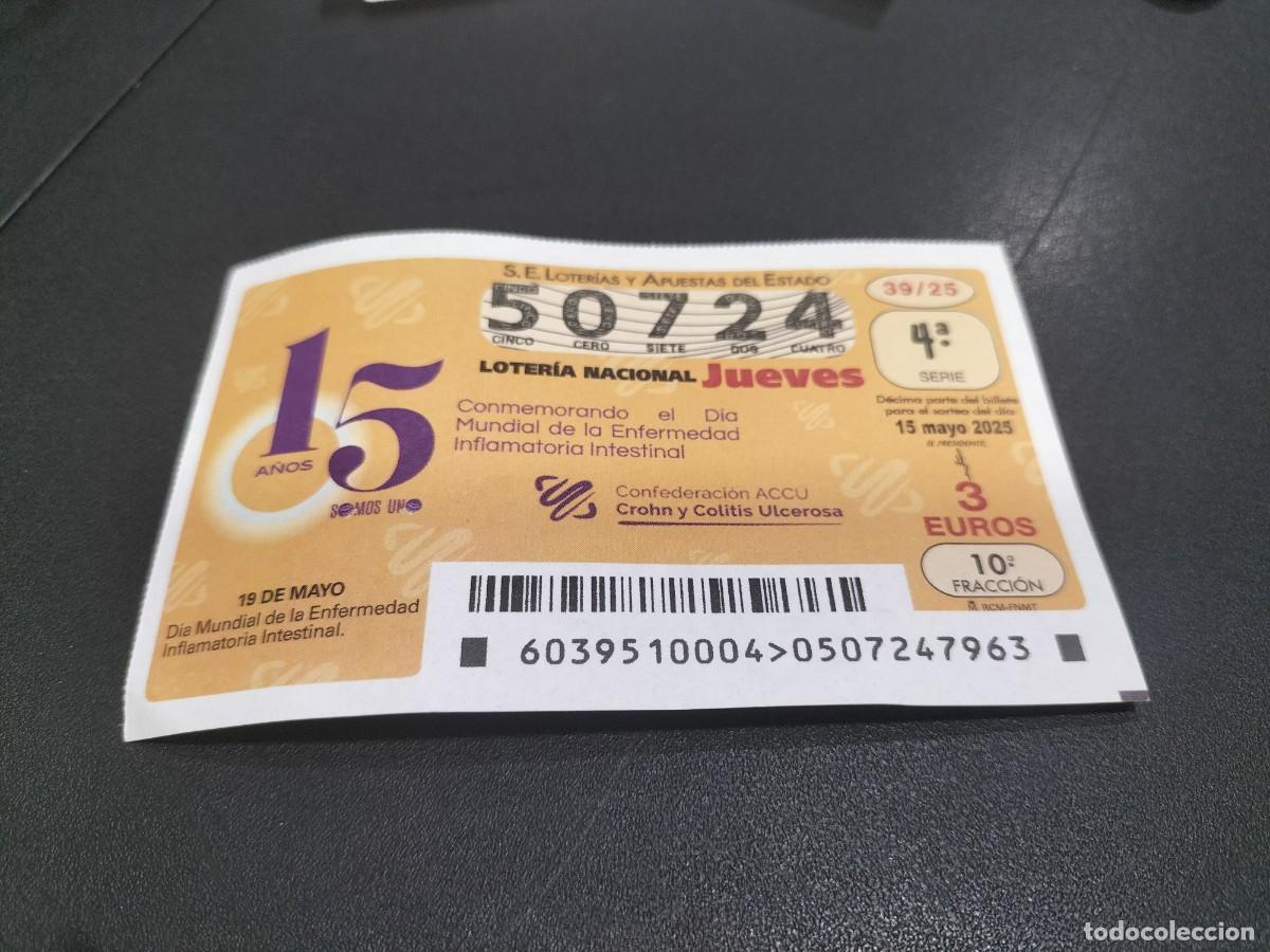 Nationale spanische Lotterie: 1 D&Eacute;CIMO LOTER&Iacute;A JUEVES 15 MAYO 2025 - 39/25 - DIA MUNDIAL DE LA ENFERMEDAD INFLAMATORIA INTESTINAL